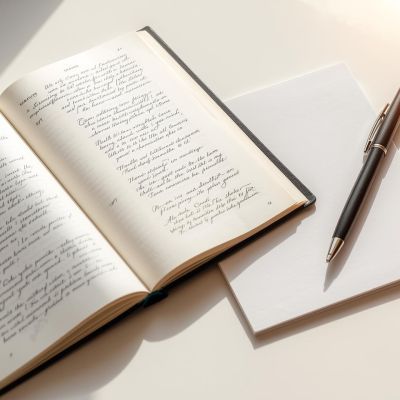 読書会のLPに載せる本の画像作って。人物はいれないで。本を楽しみたい、人と対話しているイメージの本の画像。洋書はなし。もっと明るい画像で。ペンとノートも添えて